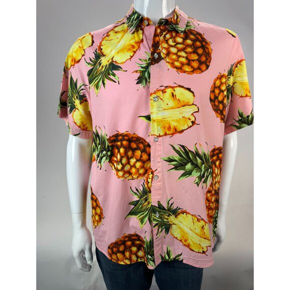 SSLR Mens Pineapple Print Short-Sleeve Button-Down Shirt L Cotton Tropical Hawai - Picture 1 of 16
